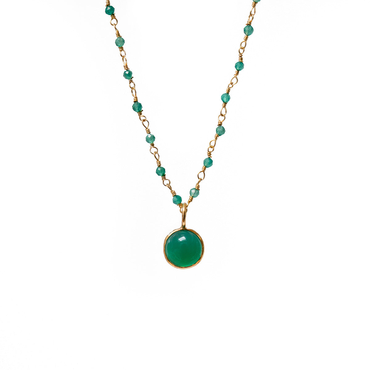Necklace with green onyx faceted pendant and gold rosary chain on a white background