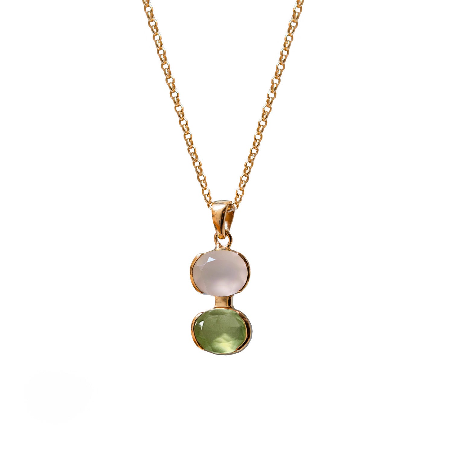 Rose quartz and prehnite necklace with two gemstones on a white background