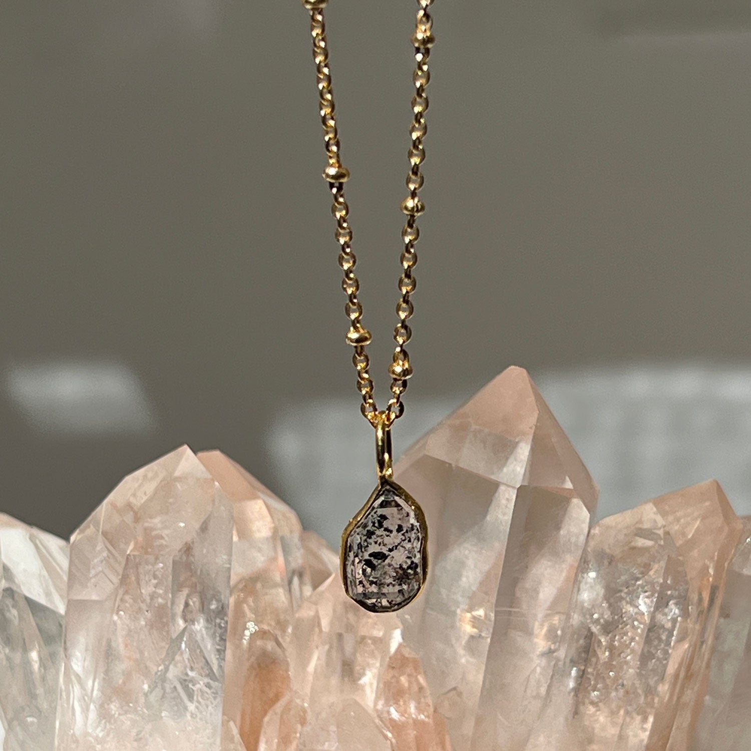 Small Freeform Raw Herkimer Diamond slice Pendant on Short Satellite Chain