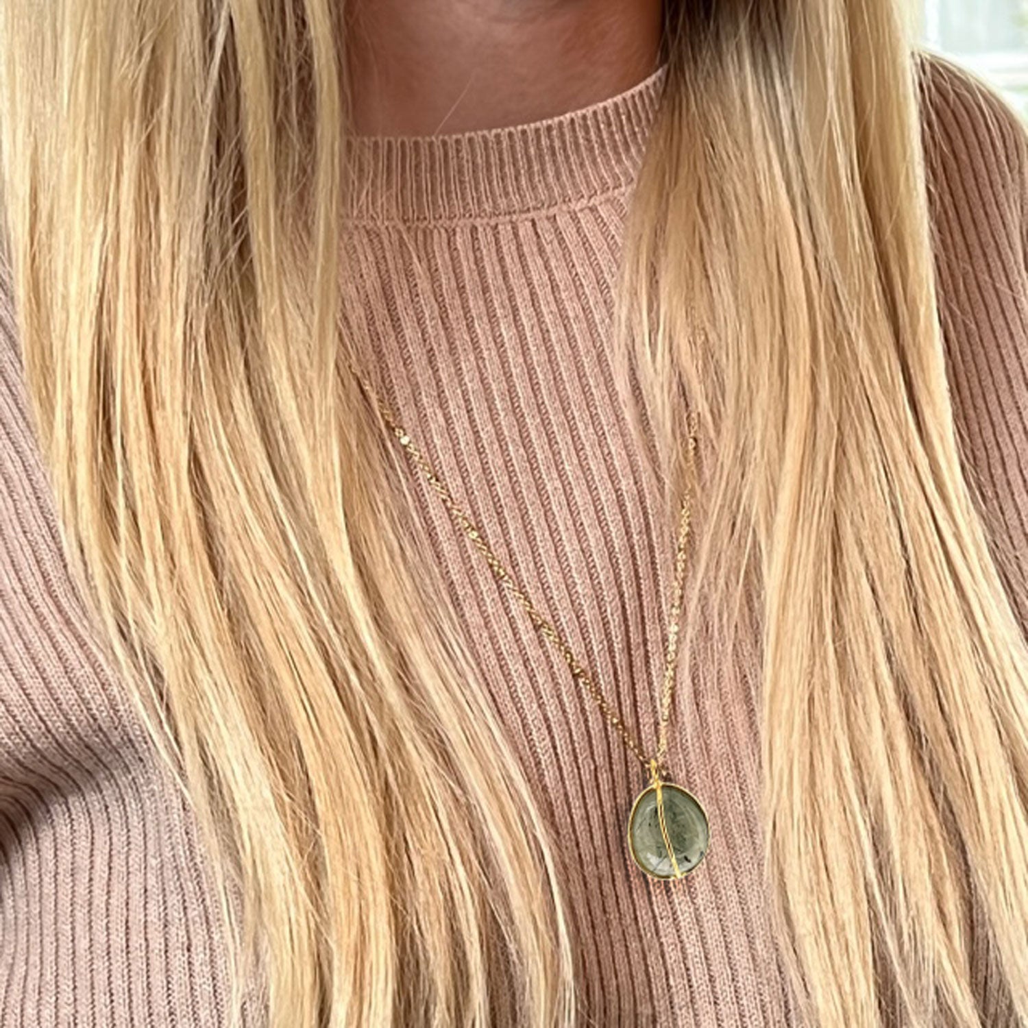 Long Green Onyx Rosary with Freeform Prehnite Pebble Pendant