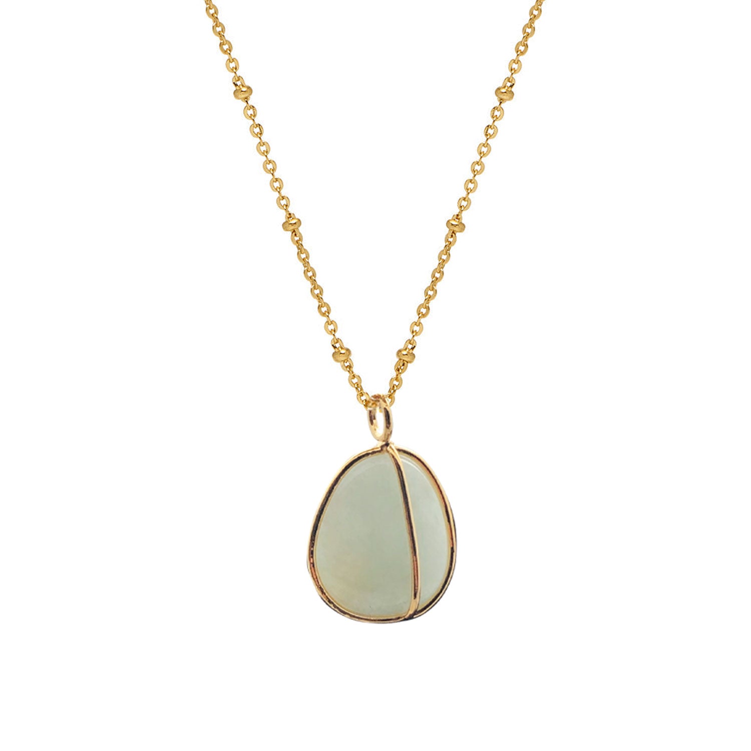 A gold-plated copper pendant necklace with an freeform pebble Aquamarine stone, displayed on a white background.