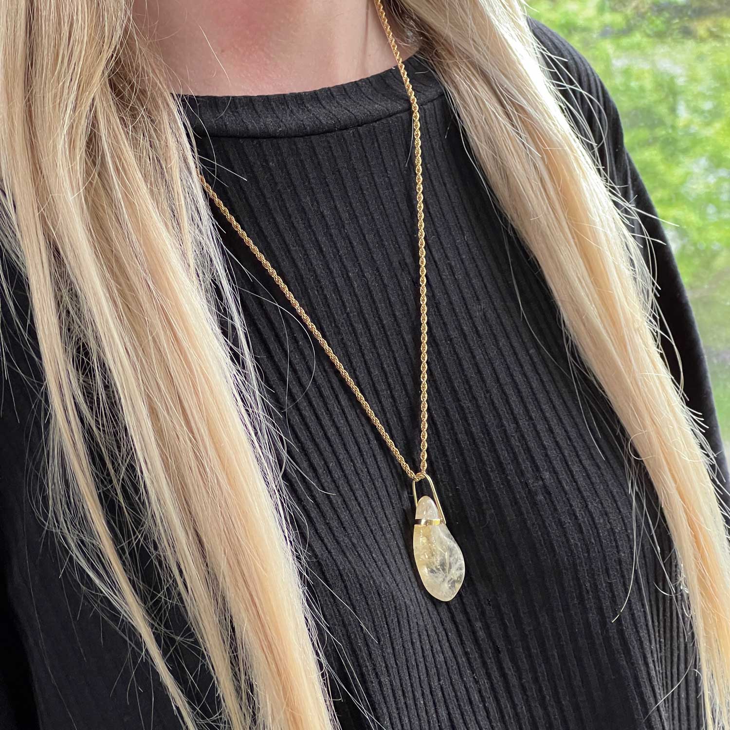 Unique Freeform Citrine Pendant on a Long Rope Chain