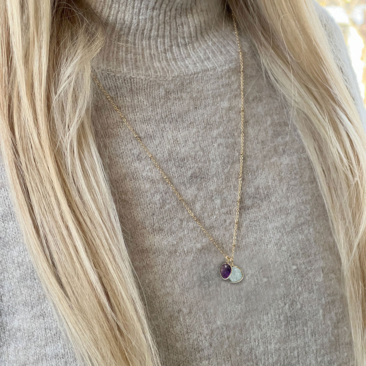 Freeform Celestial Duo Raw Aquamarine Slice with Amethyst Carved Leaf Pendant