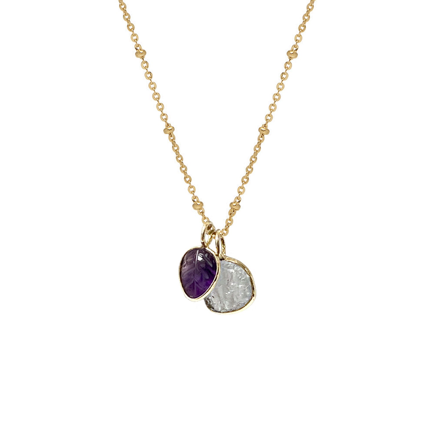 Freeform Celestial Duo Raw Aquamarine Slice with Amethyst Carved Leaf Pendant