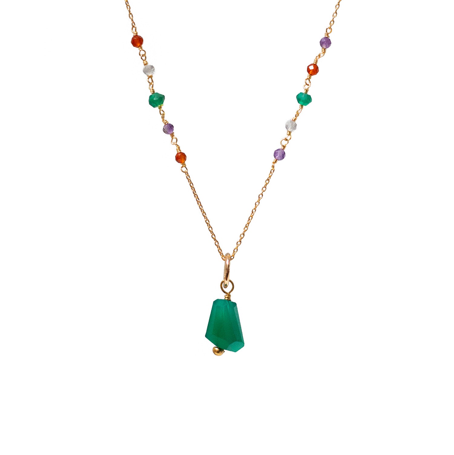 Long Asymmetric Semi Precious Rosary With Unique Baguette Green Onyx Pendant