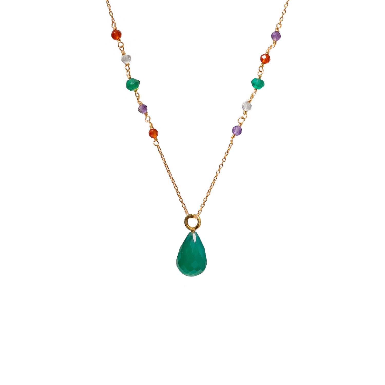 Long Asymmetric Semi Precious Rosary With Green Onyx Pear Pendant
