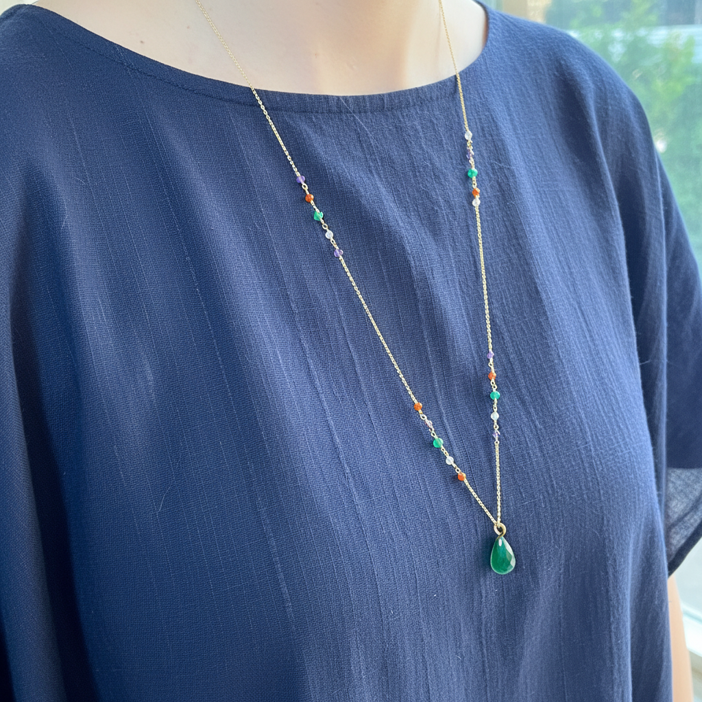 Long Asymmetric Semi Precious Rosary With Green Onyx Pear Pendant