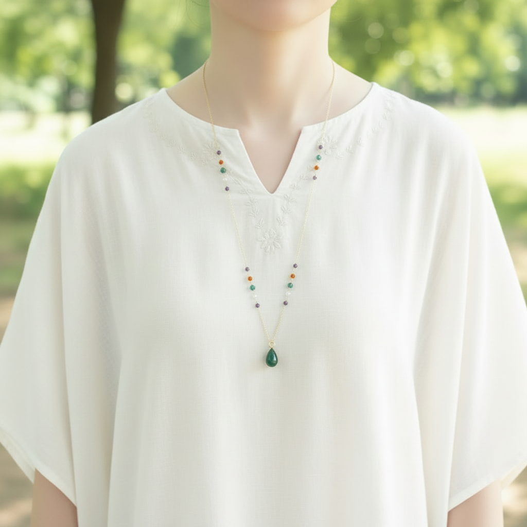Long Asymmetric Semi Precious Rosary With Green Onyx Pear Pendant