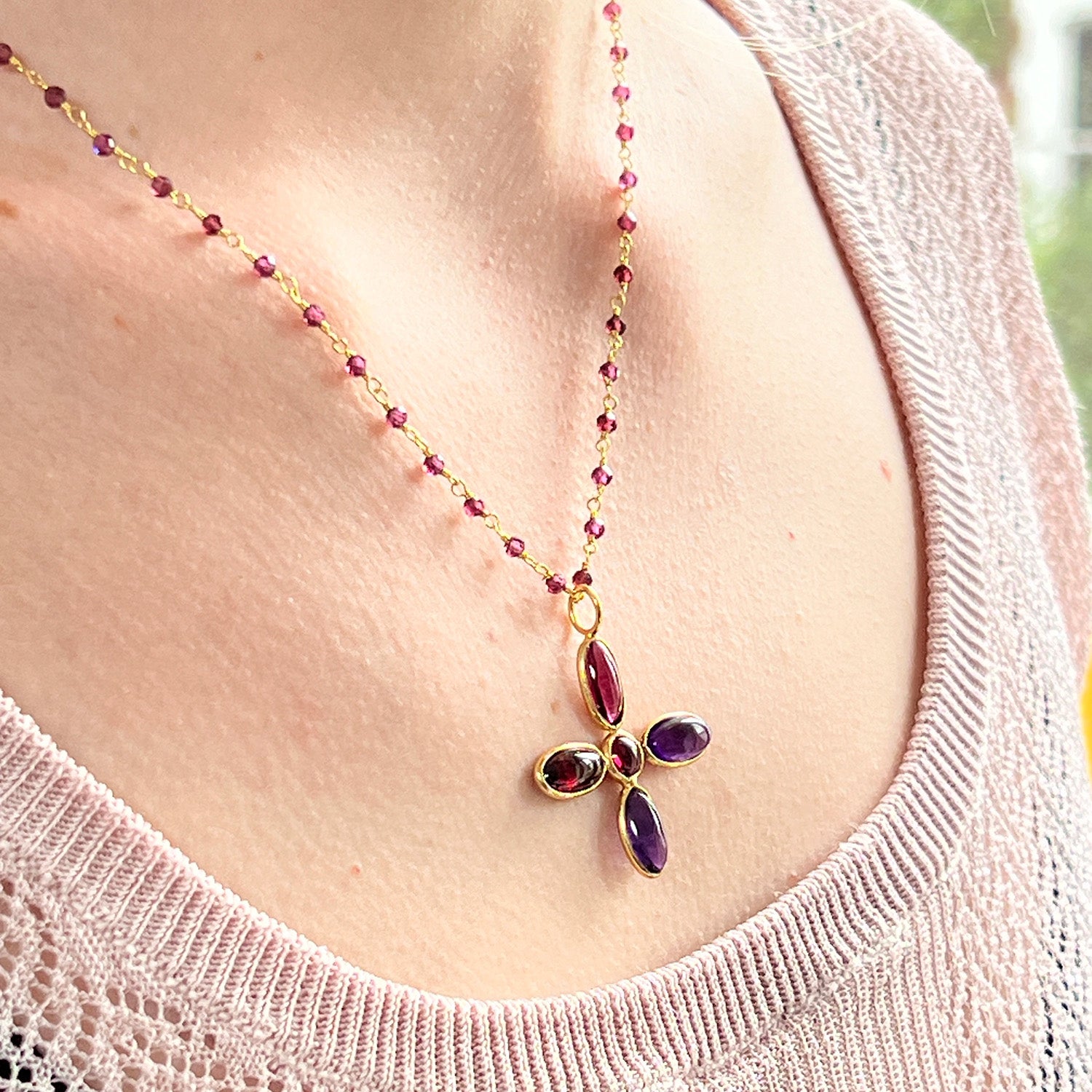 Large Amethyst And Garnet Cross Pendant On Garnet Rosary