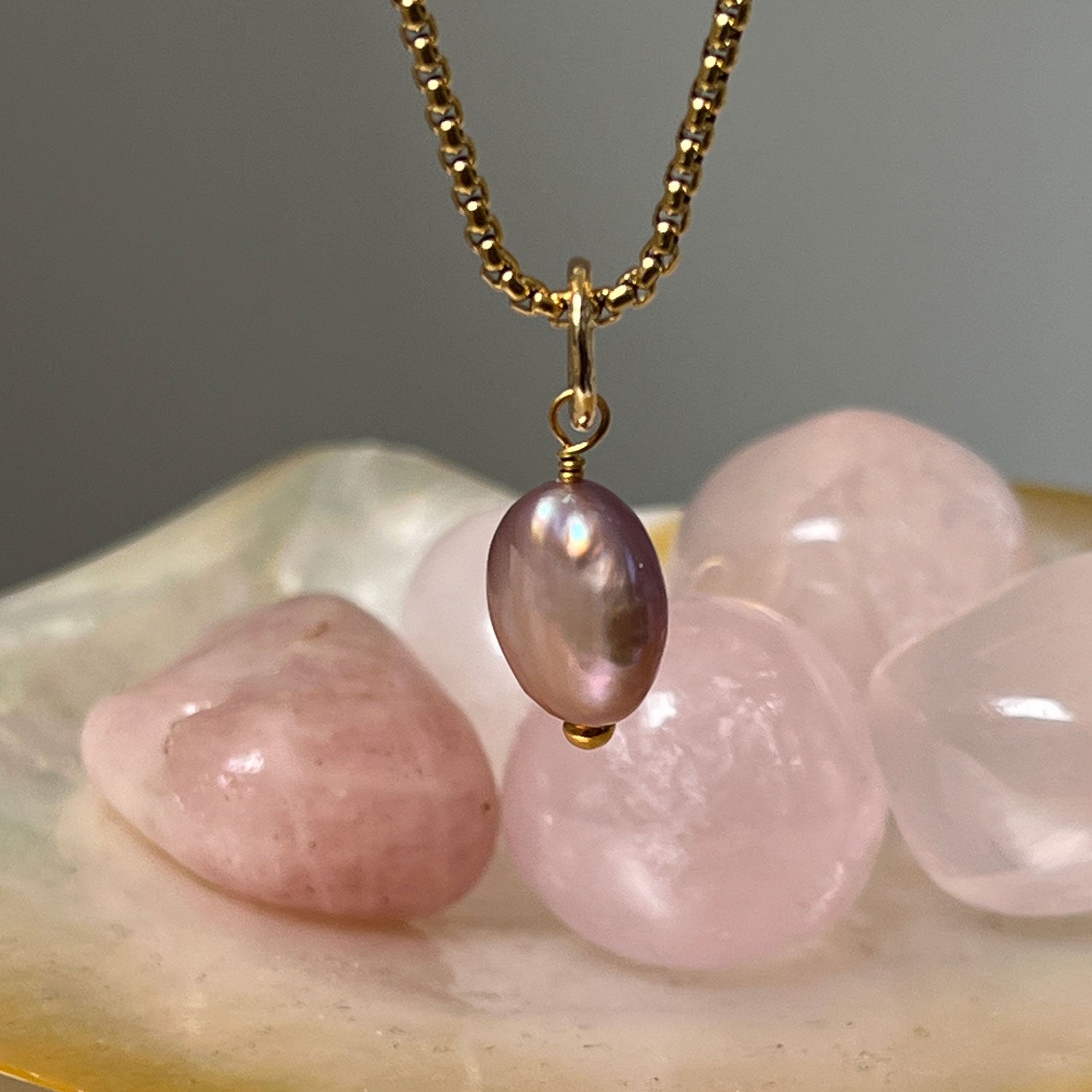 Gita Iridescent Pink Coin Pearl Pendant on Box Chain