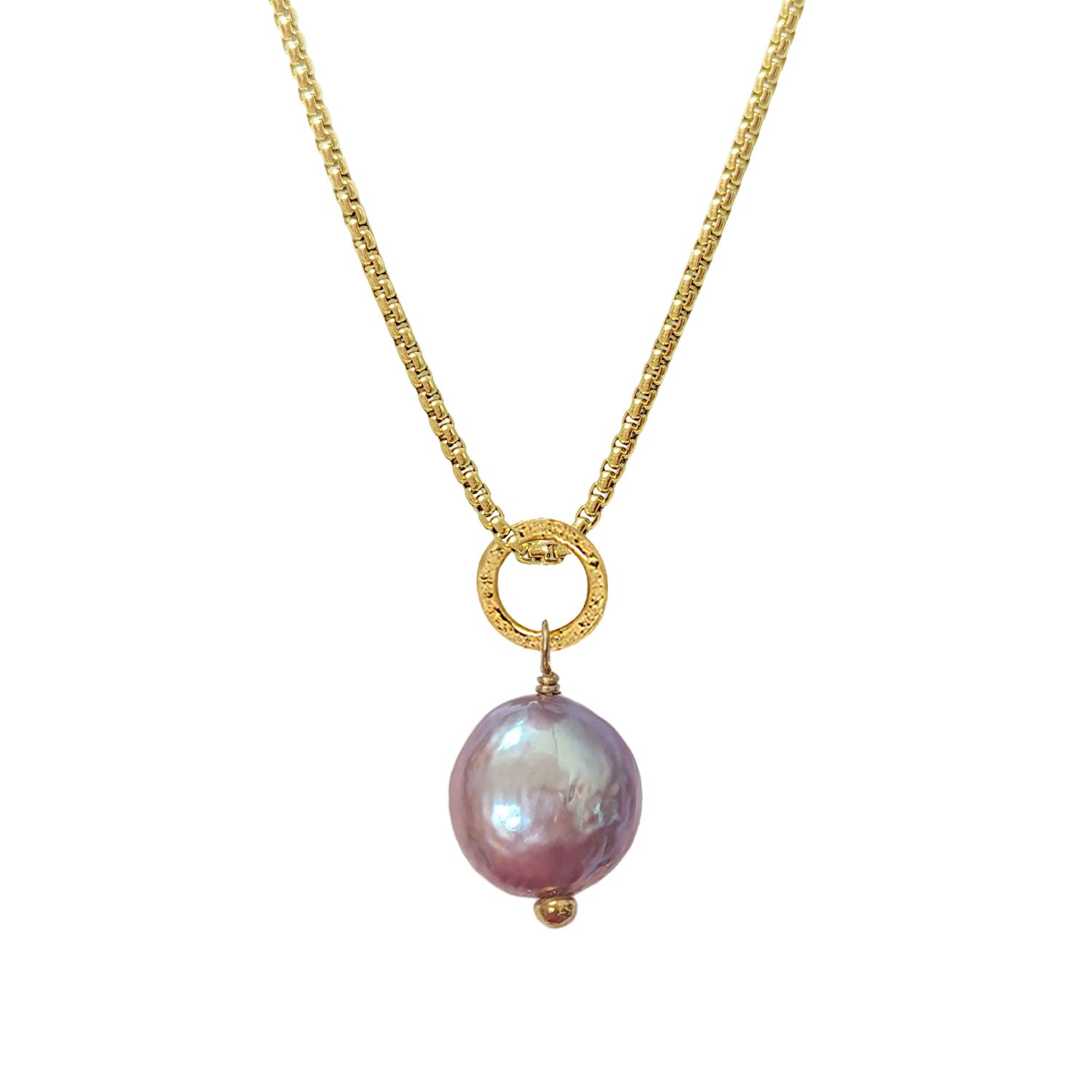 Gita Iridescent Pink Coin Pearl Pendant on Box Chain