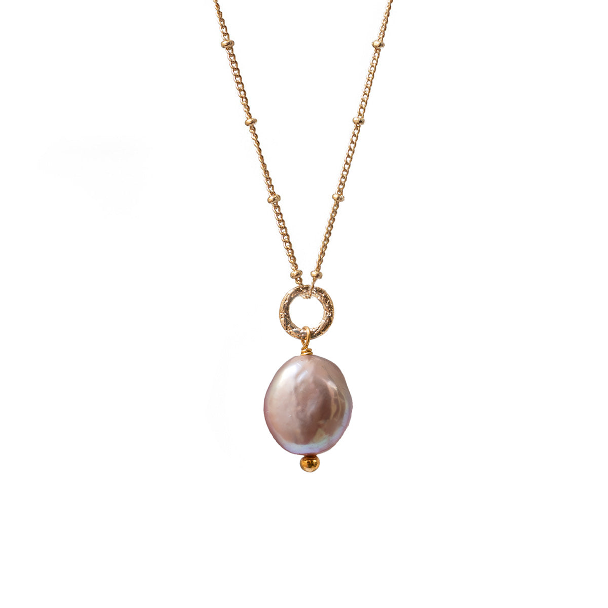 Gita Iridescent Pink Coin Pearl Pendant on Box Chain