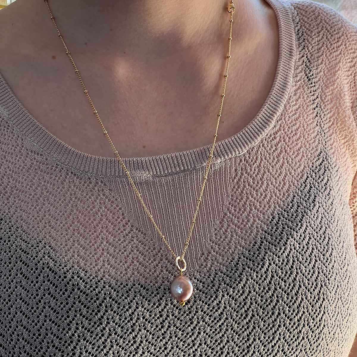Gita Iridescent Pink Coin Pearl Pendant on Box Chain