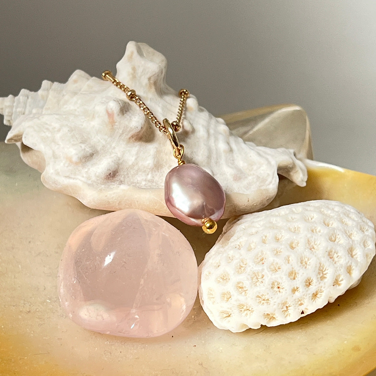 Gita Iridescent Pink Coin Pearl Pendant on Box Chain