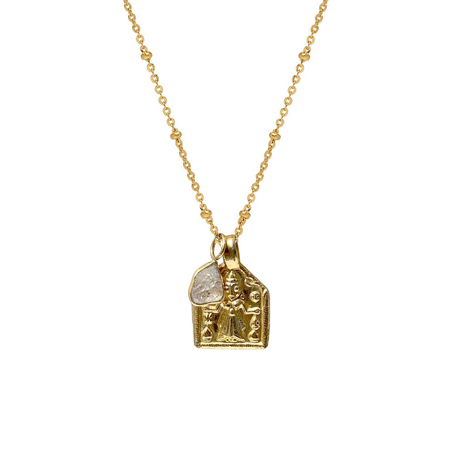 A gold-plated copper pendant featuring Goddess Lakshmi with a Herkimer Diamond Slice on a 45 cm satellite chain.