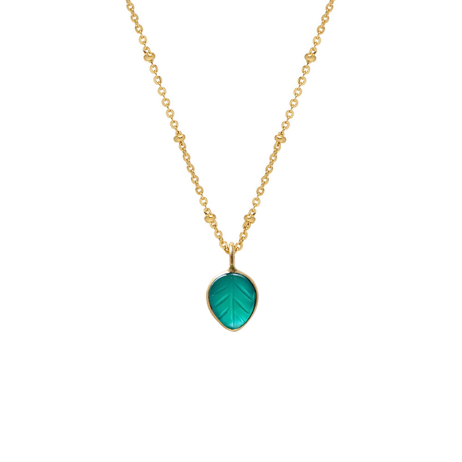 Carved Green Onyx Leaf on Short Satellite chain