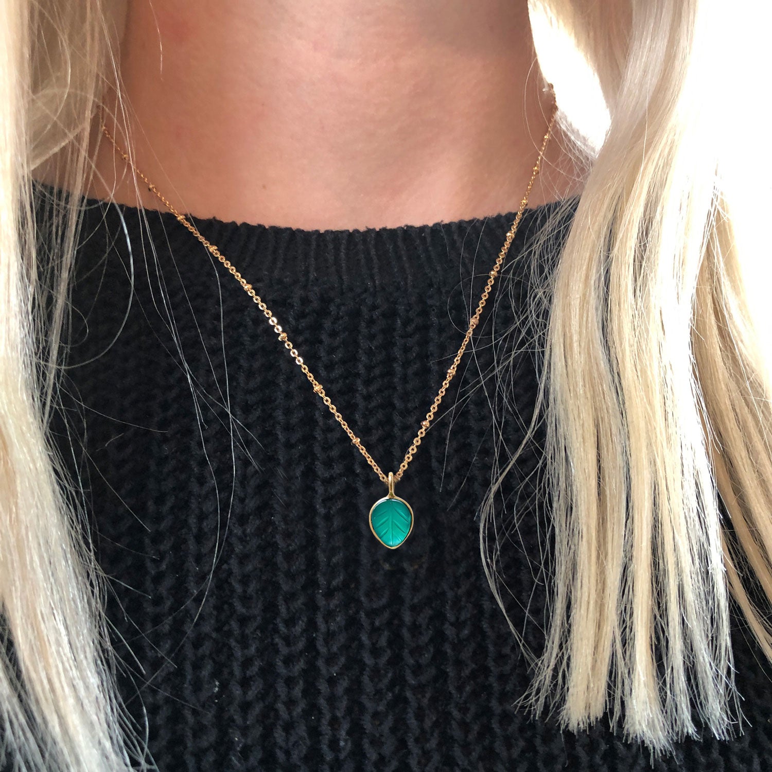 Carved Green Onyx Leaf on Short Satellite chain