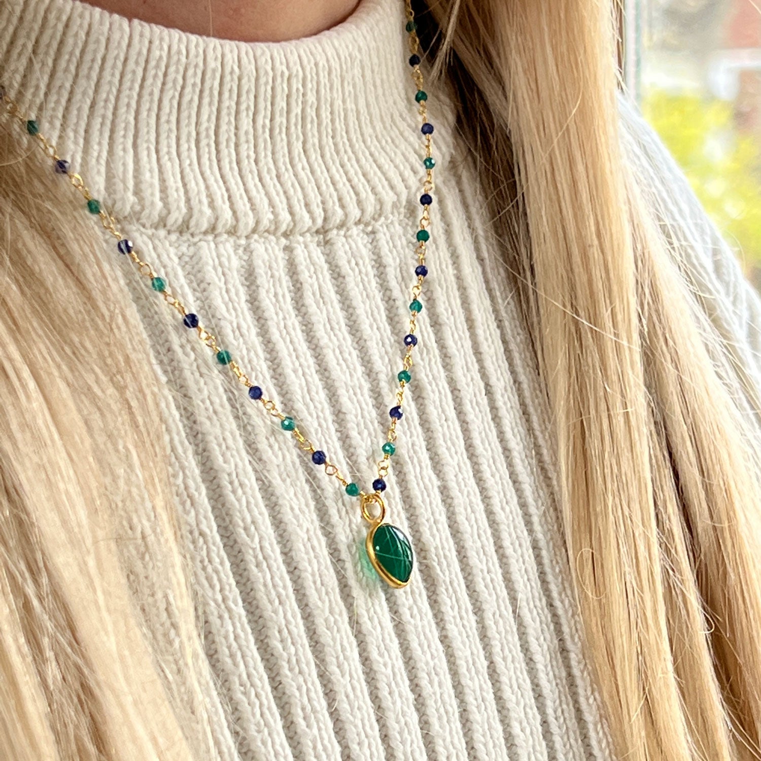 Green and Blue Jade Rosary with Carved Green Onyx Leaf Pendant