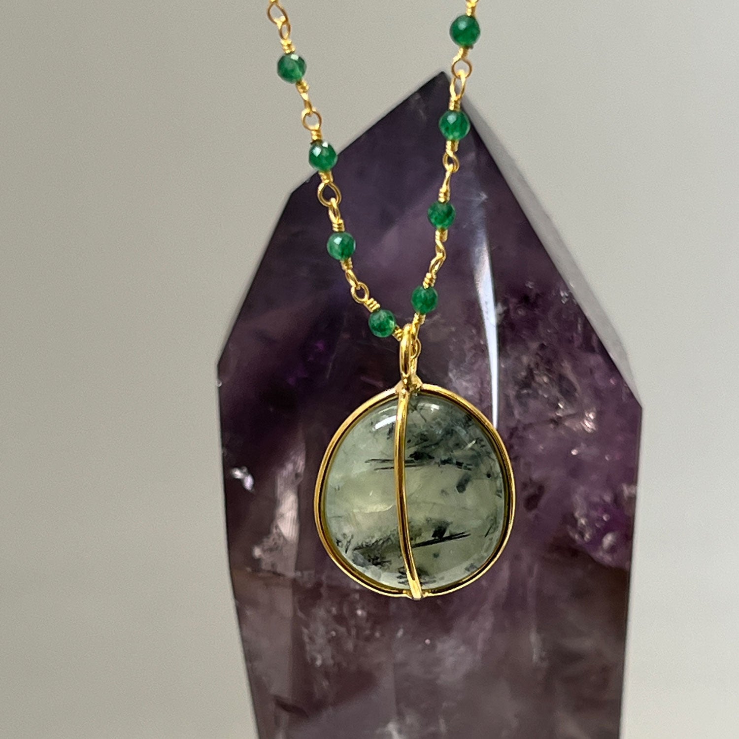 Long Green Onyx Rosary with Freeform Prehnite Pebble Pendant