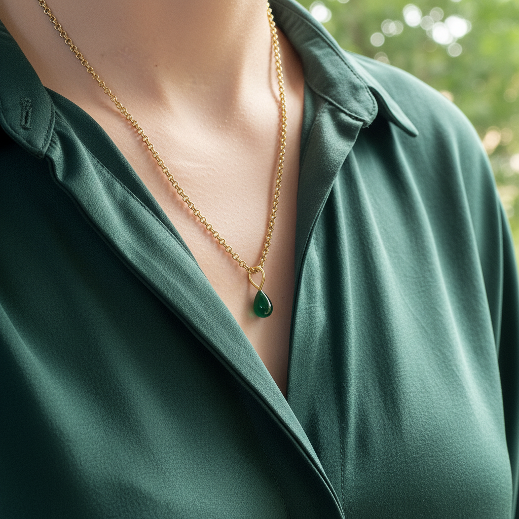 Green Onyx Drop Pendant On Long Baby Belcher Chain