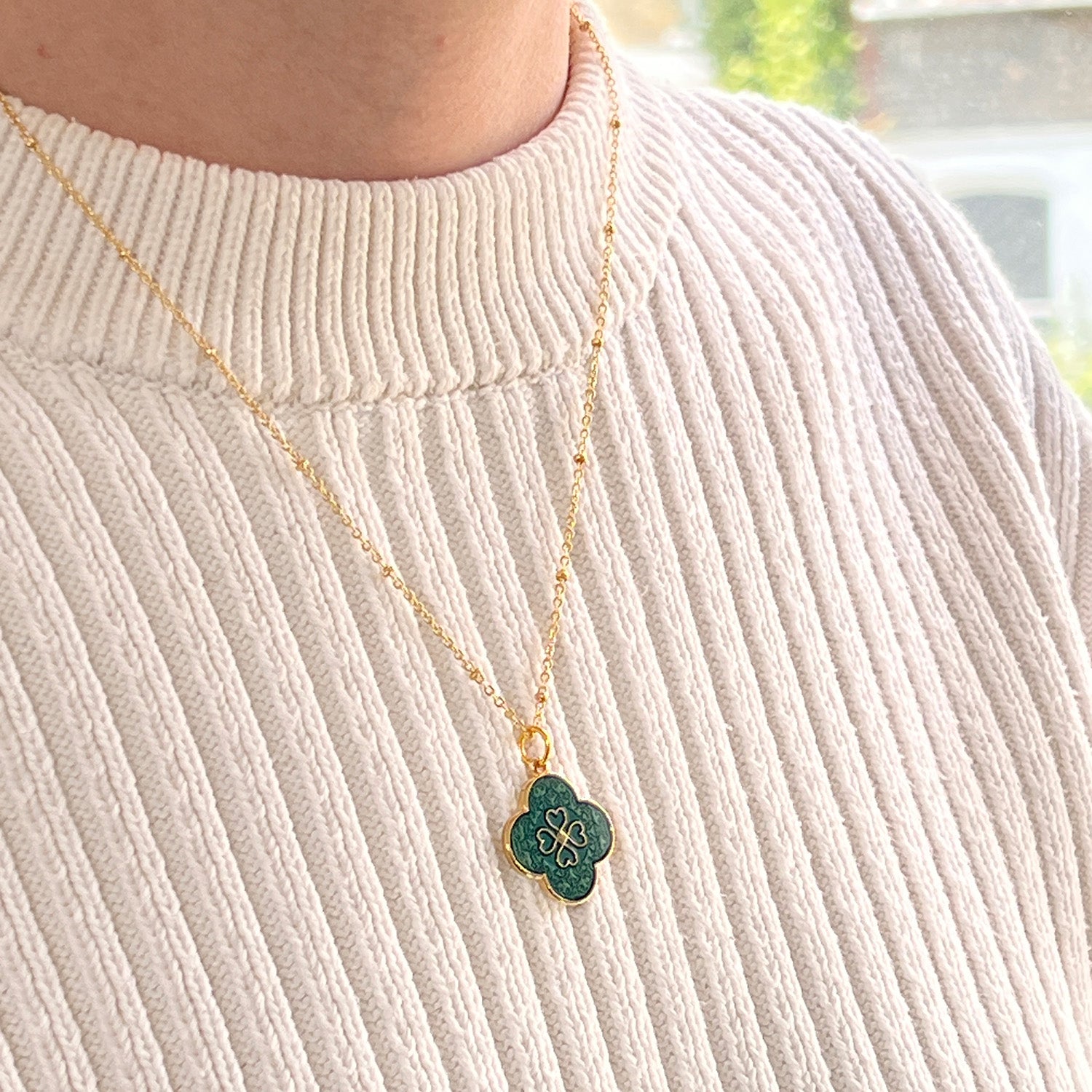 Green Petal Heart Clover Pendant On Short Satellite Chain