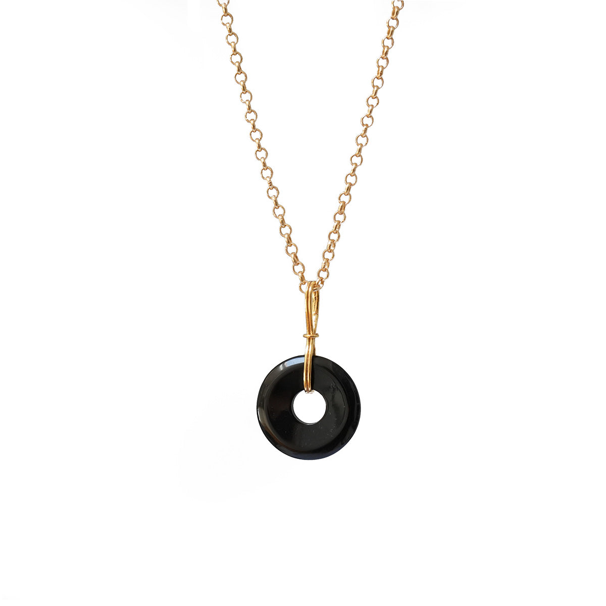 Grounding black onyx disc on short black onyx rosary or Belcher chain