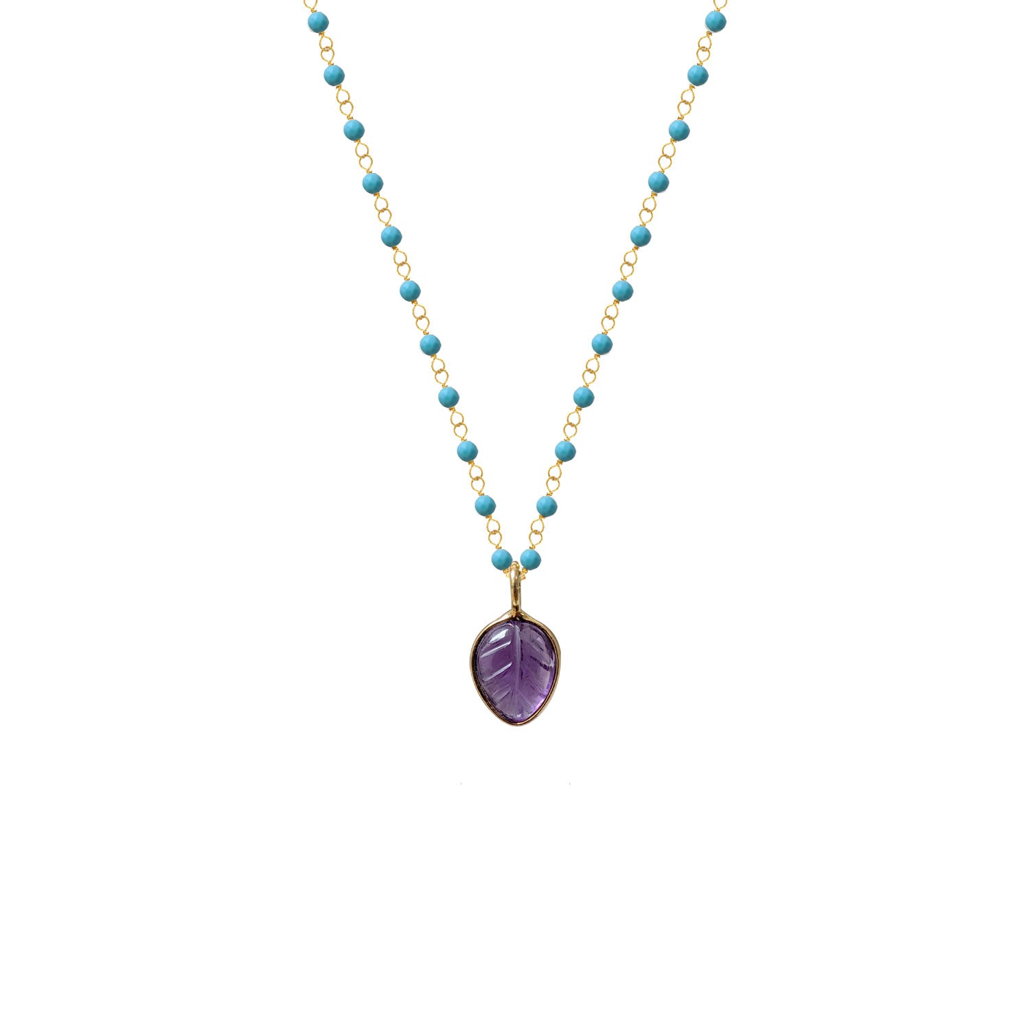 Howlite Turquoise Rosary with Carved Amethyst Leaf Pendant