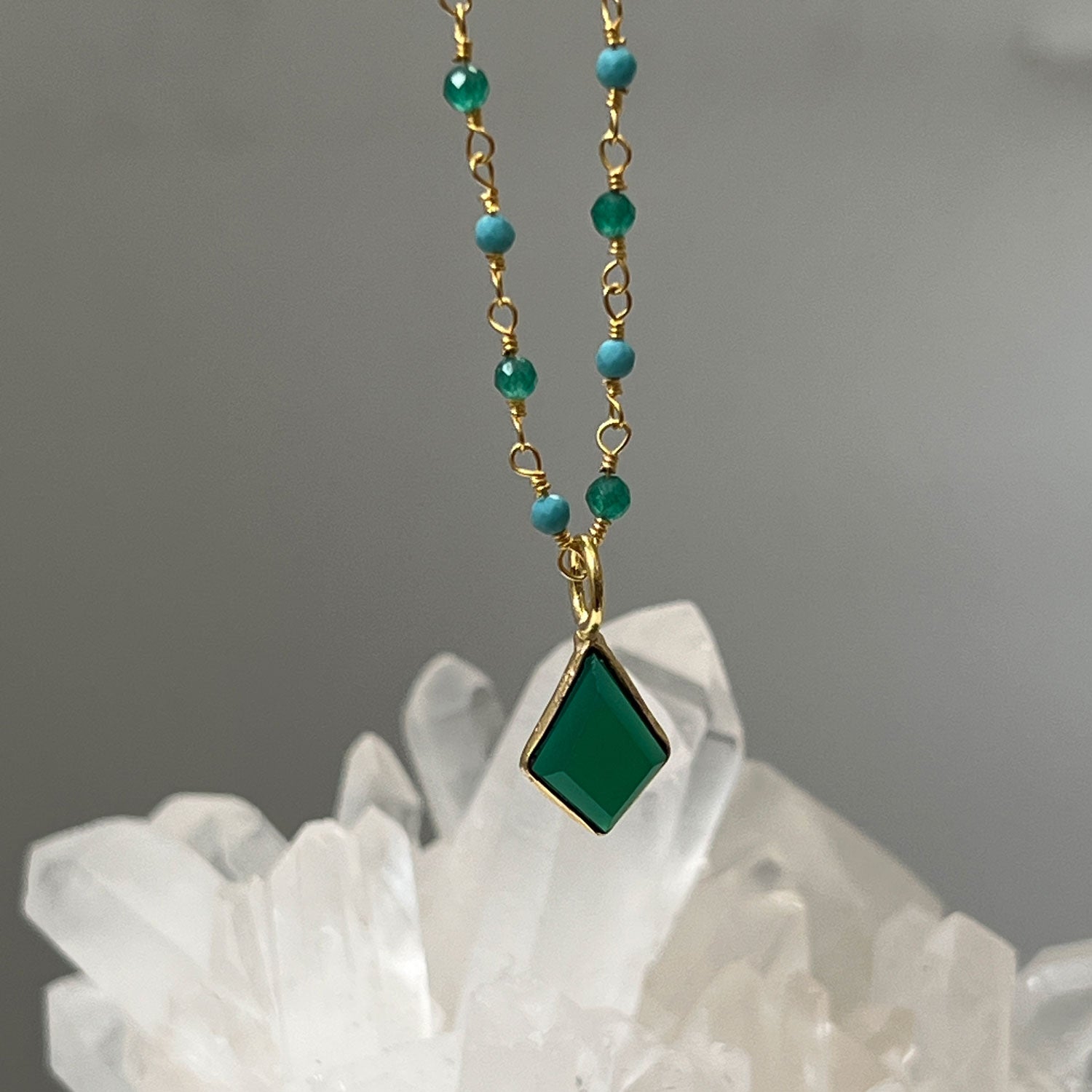 Howlite Turquoise & Green Onyx Rosary with Green Onyx Lozenge Pendant