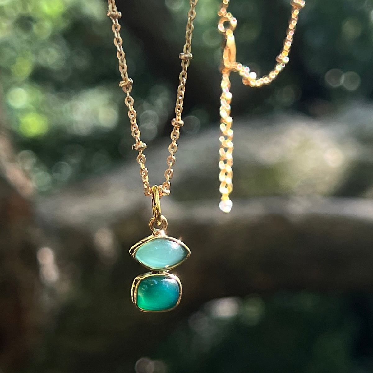 Beryl Aqua Chalcedony & Green Onyx Pendant On Satellite Chain