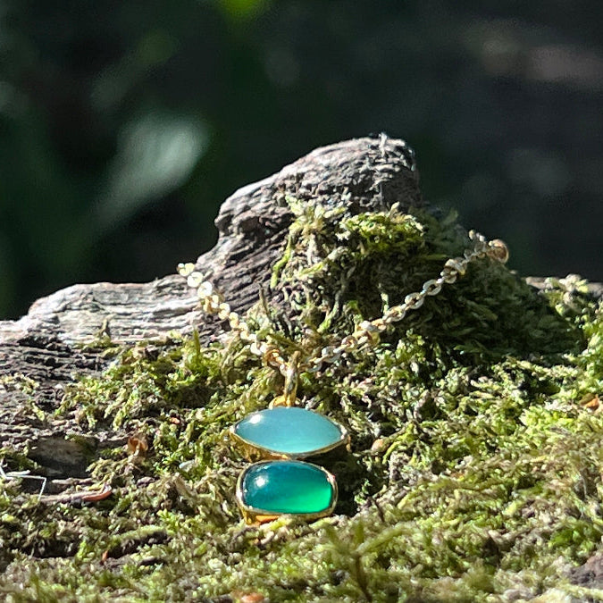 Beryl Aqua Chalcedony & Green Onyx Pendant On Satellite Chain