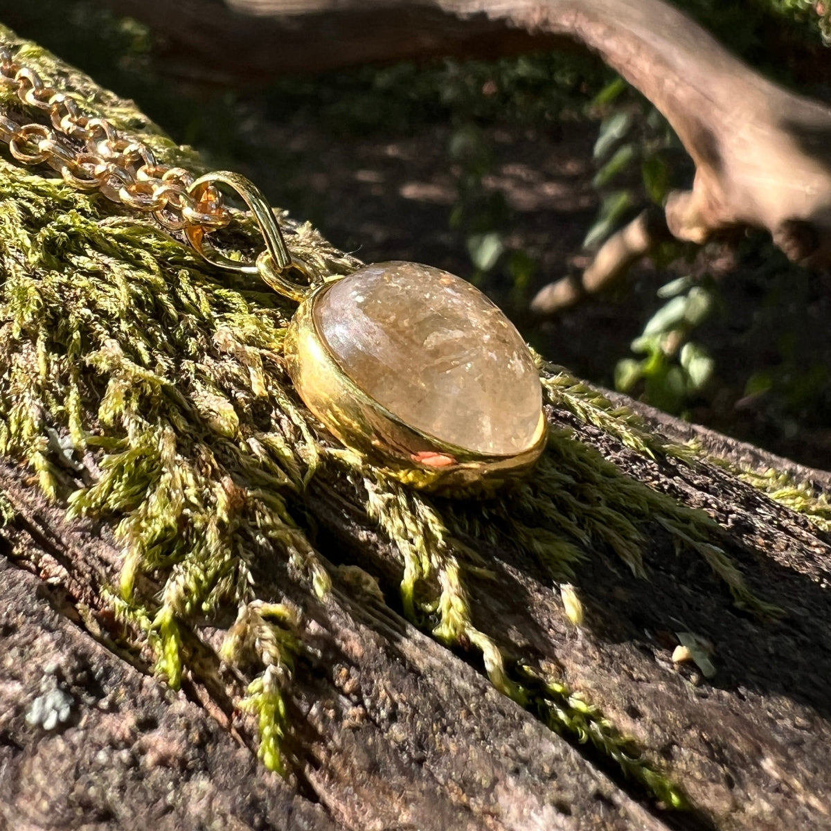 Citrine Cabochon Pendant With Inclusions on Long Baby Belcher Chain