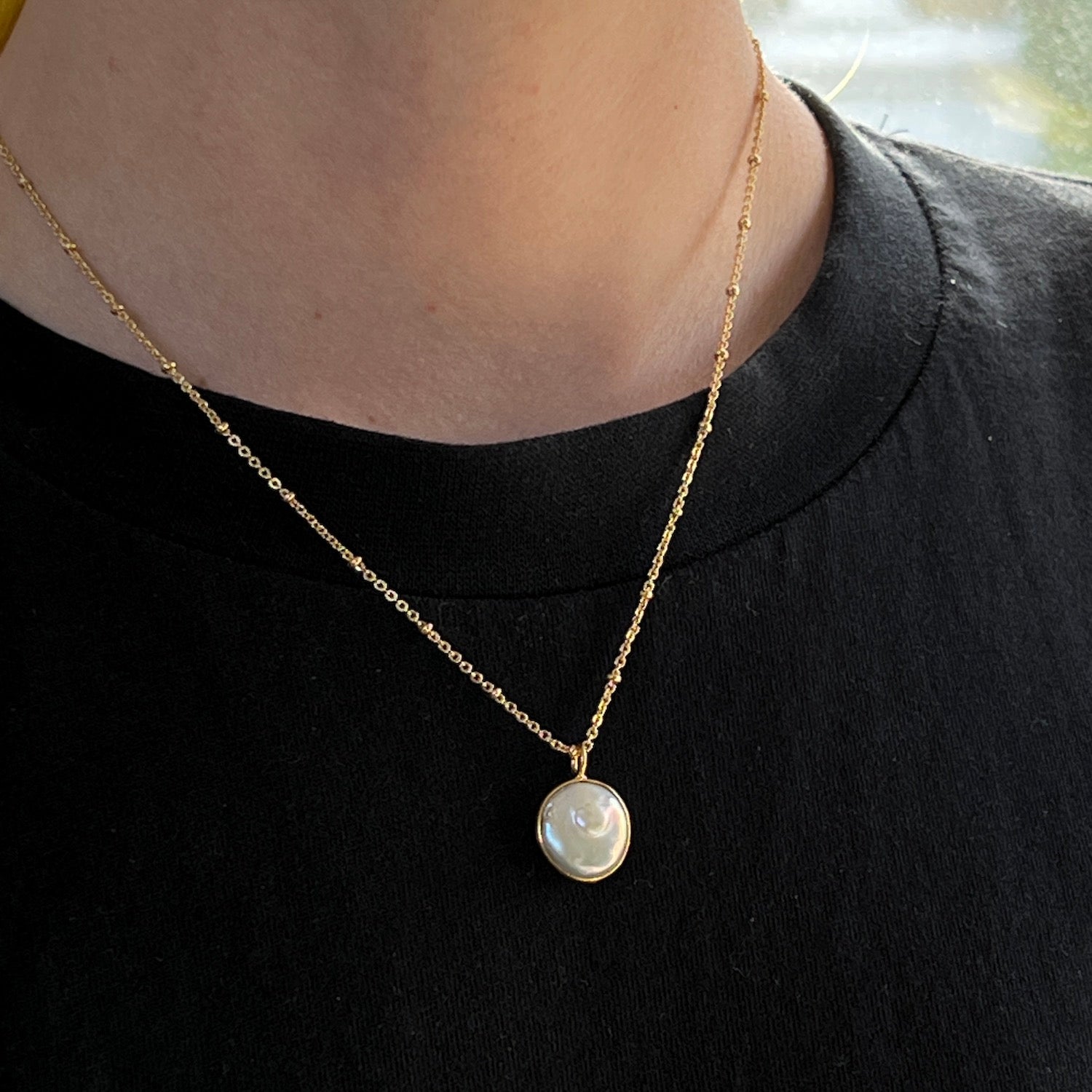 Freeform flat Pearl Pendant On Short Satellite Chain