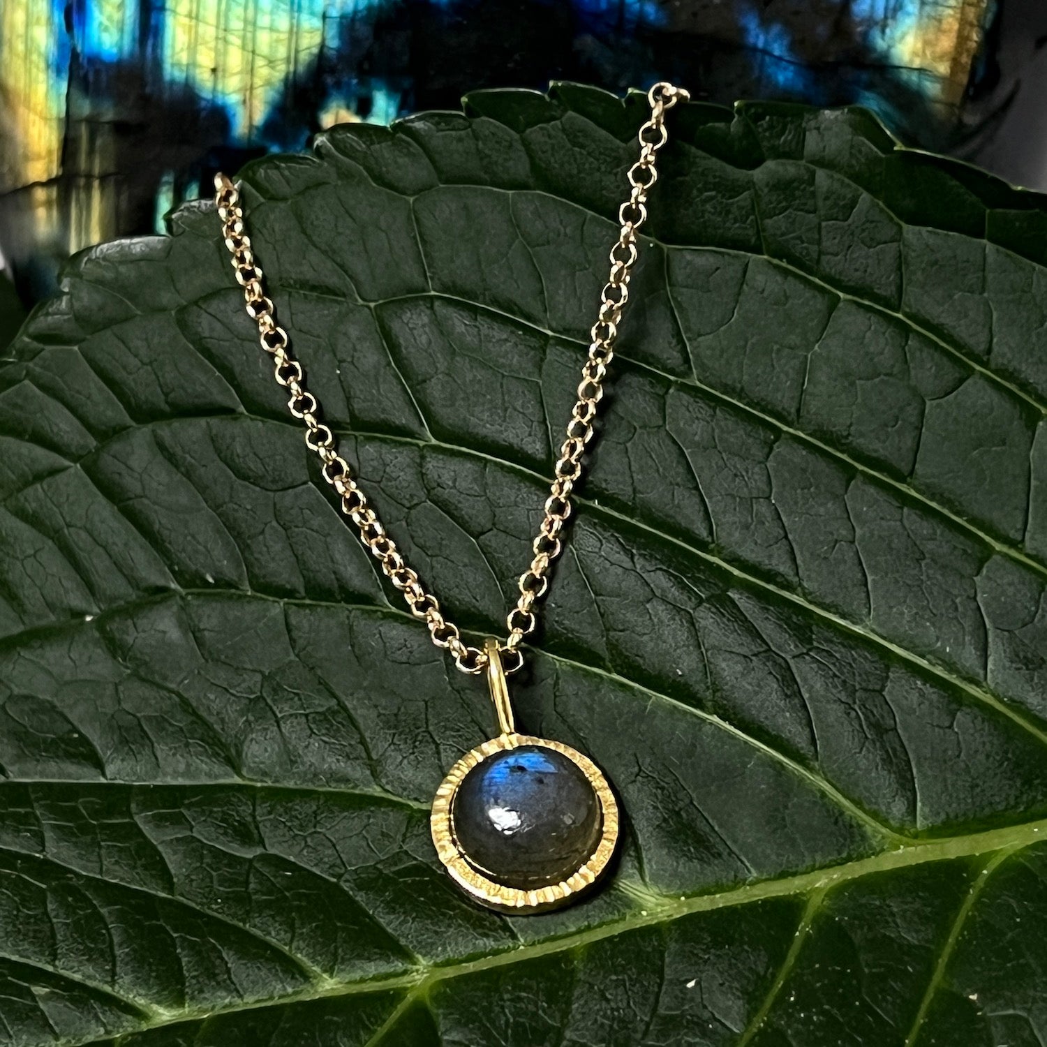 Dunia Labradorite Round Pendant On Long Satellite Chain