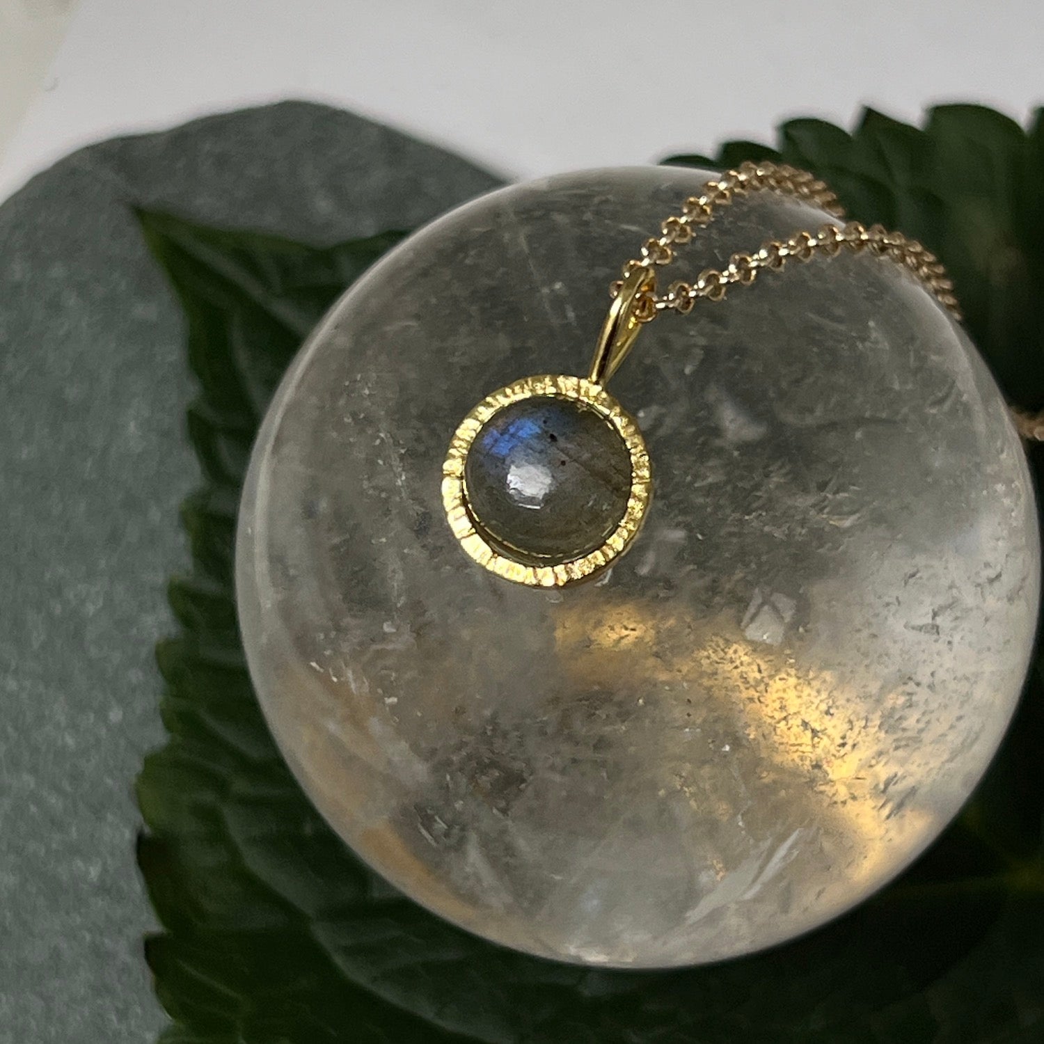 Dunia Labradorite Round Pendant On Long Satellite Chain