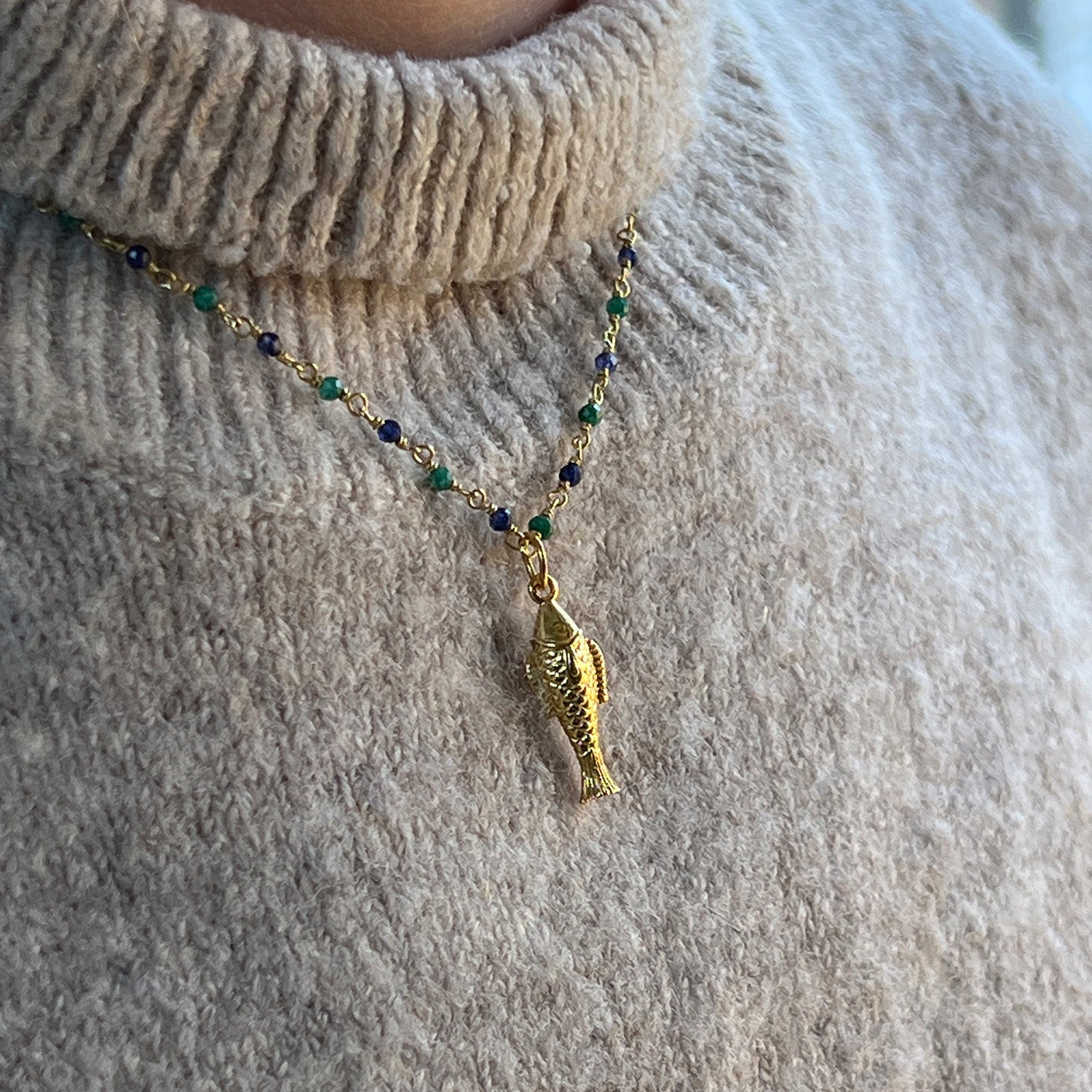 Celestial Fish on Long or short semi precious Rosary Chain