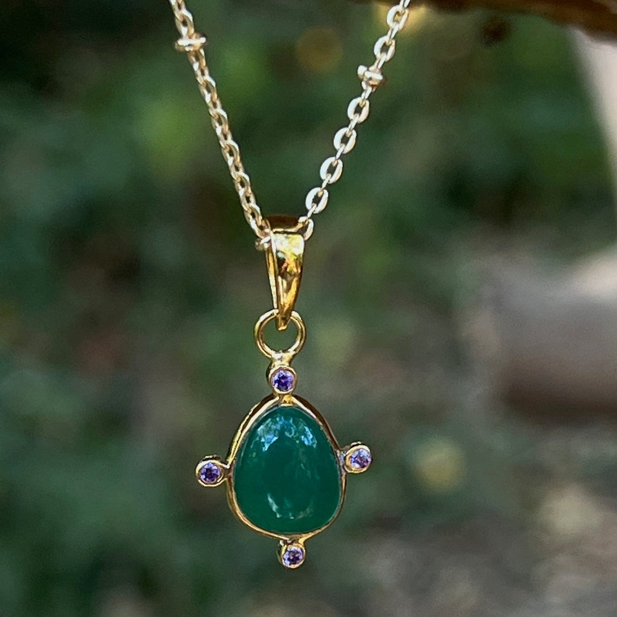Serena Large Green Onyx Pendant On Short Satellite Chain