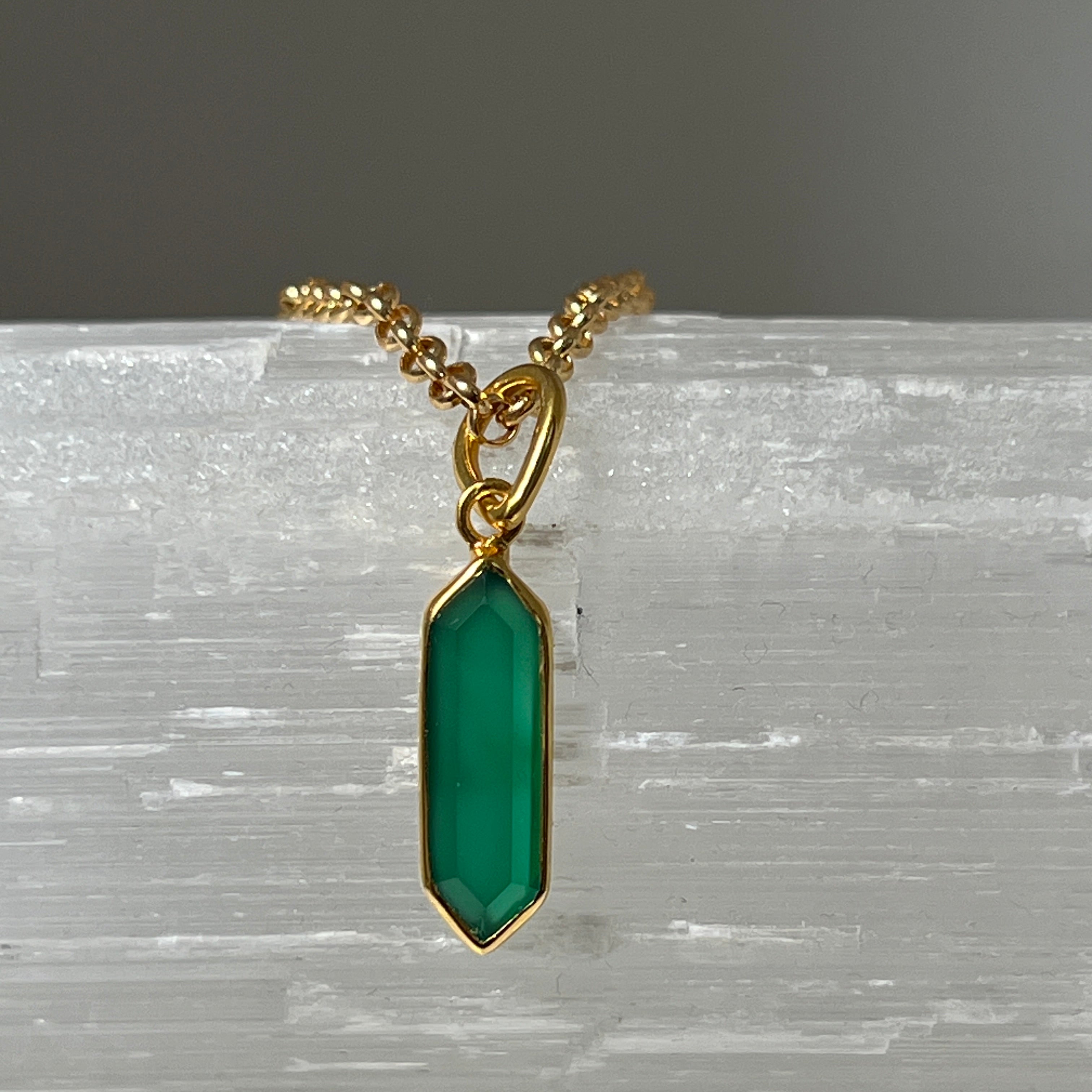 Geometric Green Onyx Pendant On Long Baby Belcher Chain