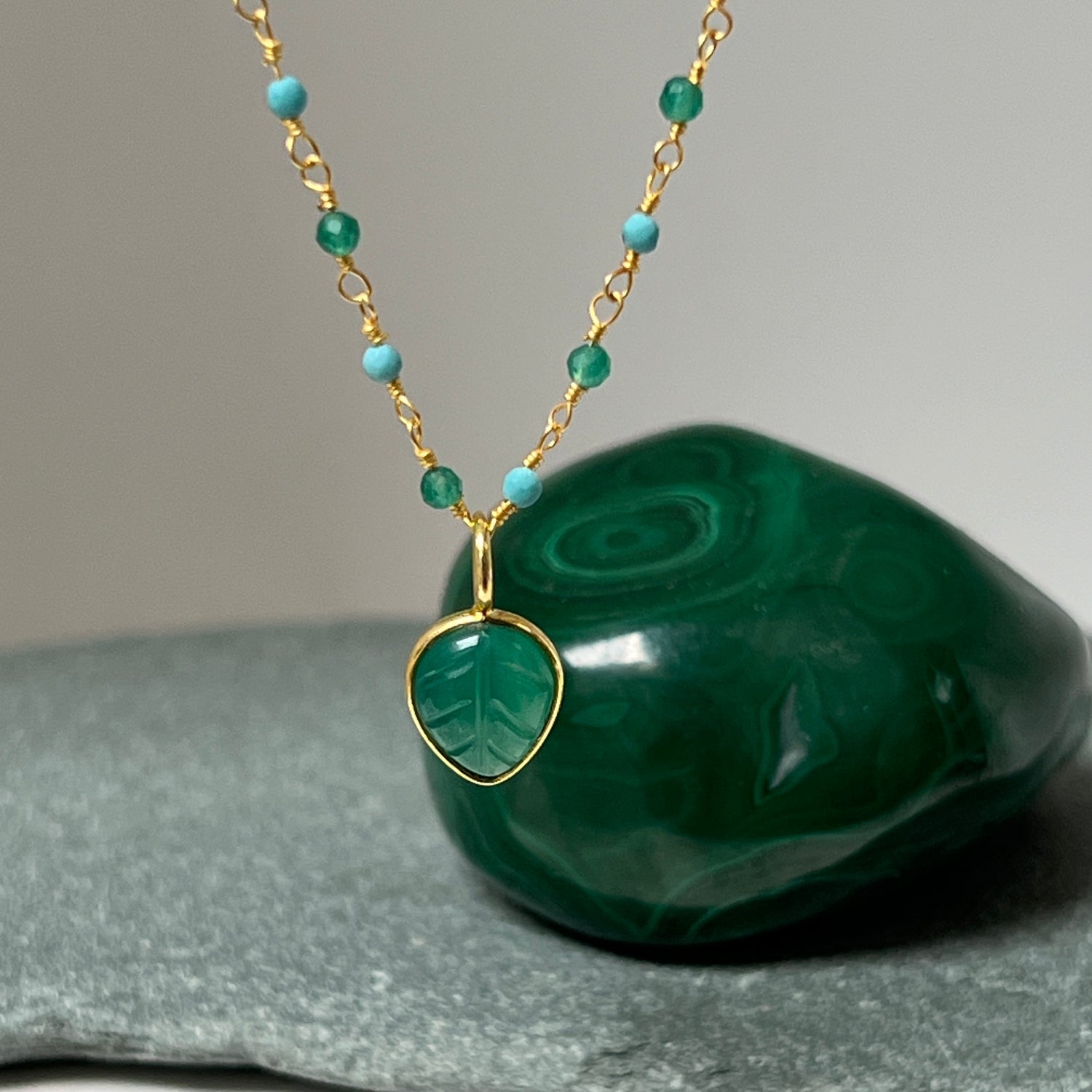 Green and Blue Jade Rosary with Carved Green Onyx Leaf Pendant
