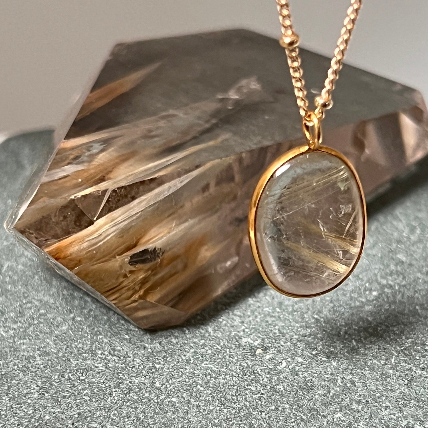 Golden Rutil Quartz Bezel Pendant on Biba Chain