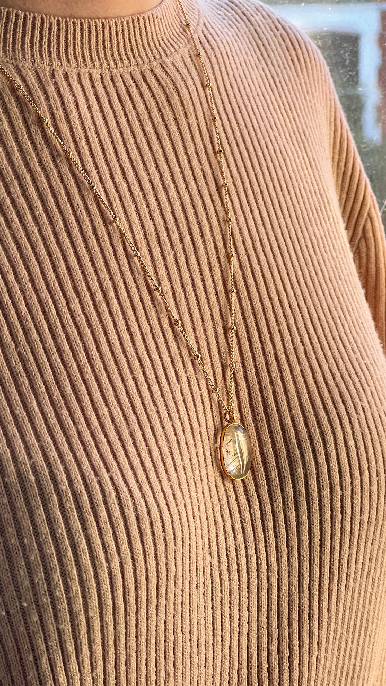 Golden Rutil Quartz Bezel Pendant on Biba Chain