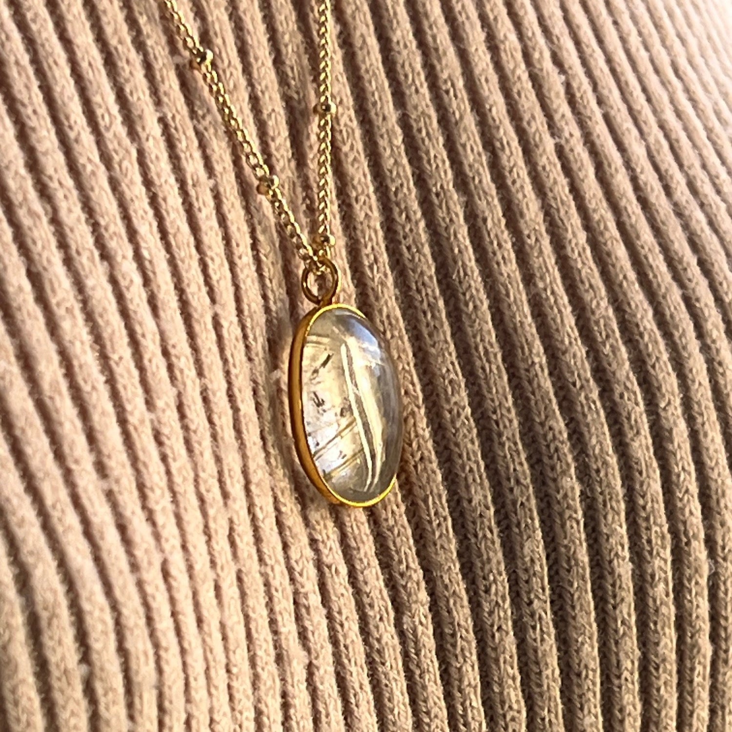 Golden Rutil Quartz Bezel Pendant on Biba Chain