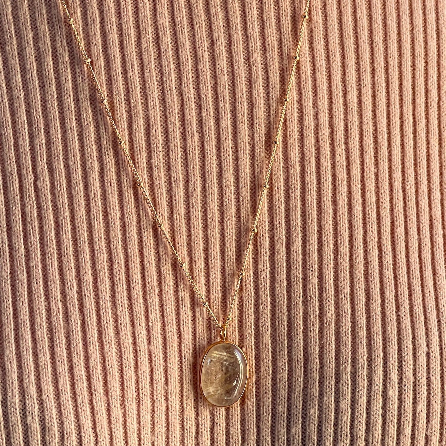 Golden Rutil Quartz Bezel Pendant on Biba Chain