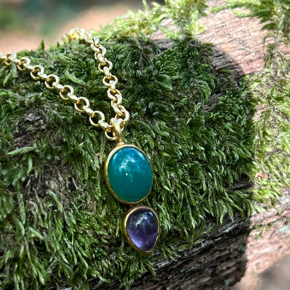 Shakti Green Onyx And Amethyst Pendant On Long Baby Belcher Chain