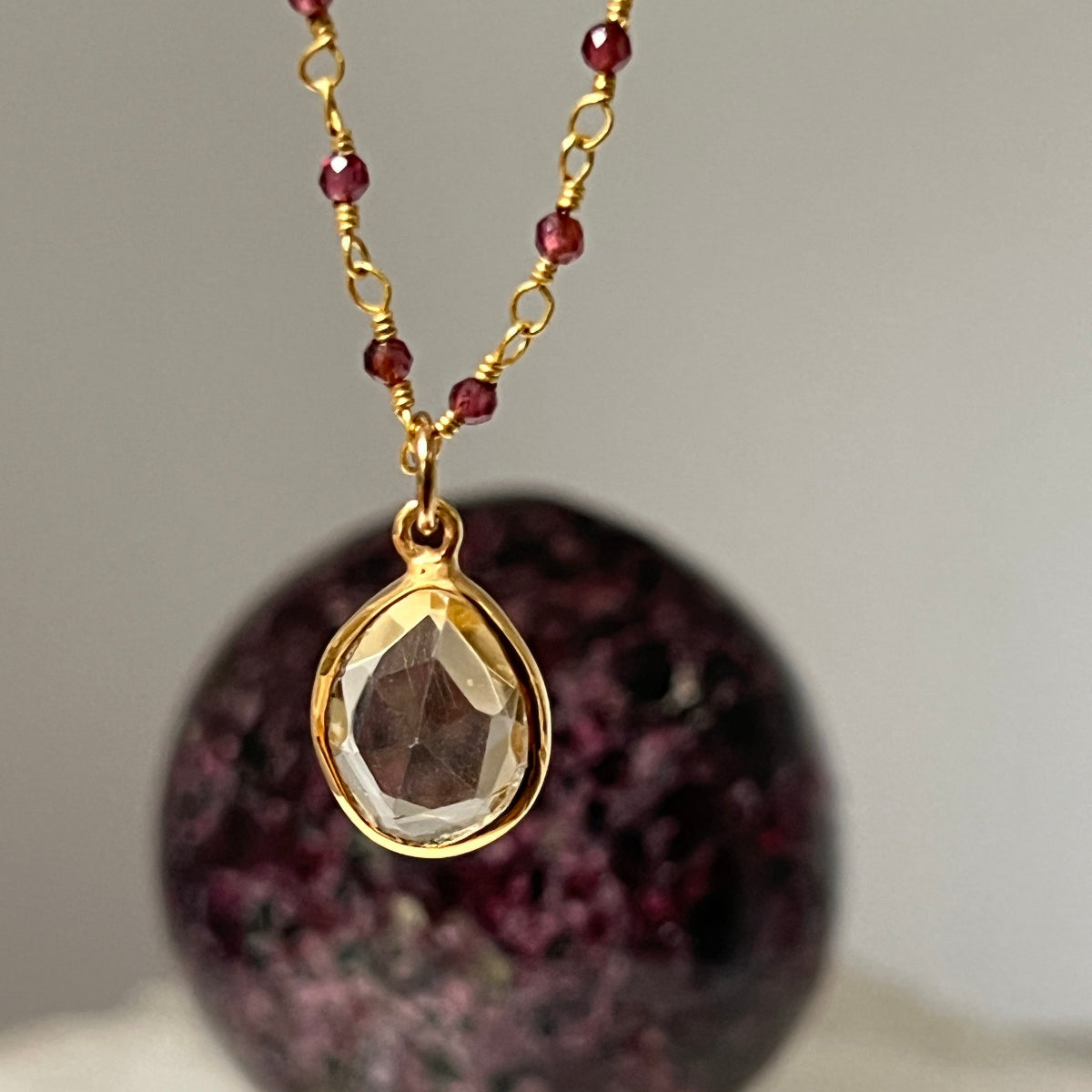 Sweet Citrine freeform pendant on short satellite chain or Rosary Garnet