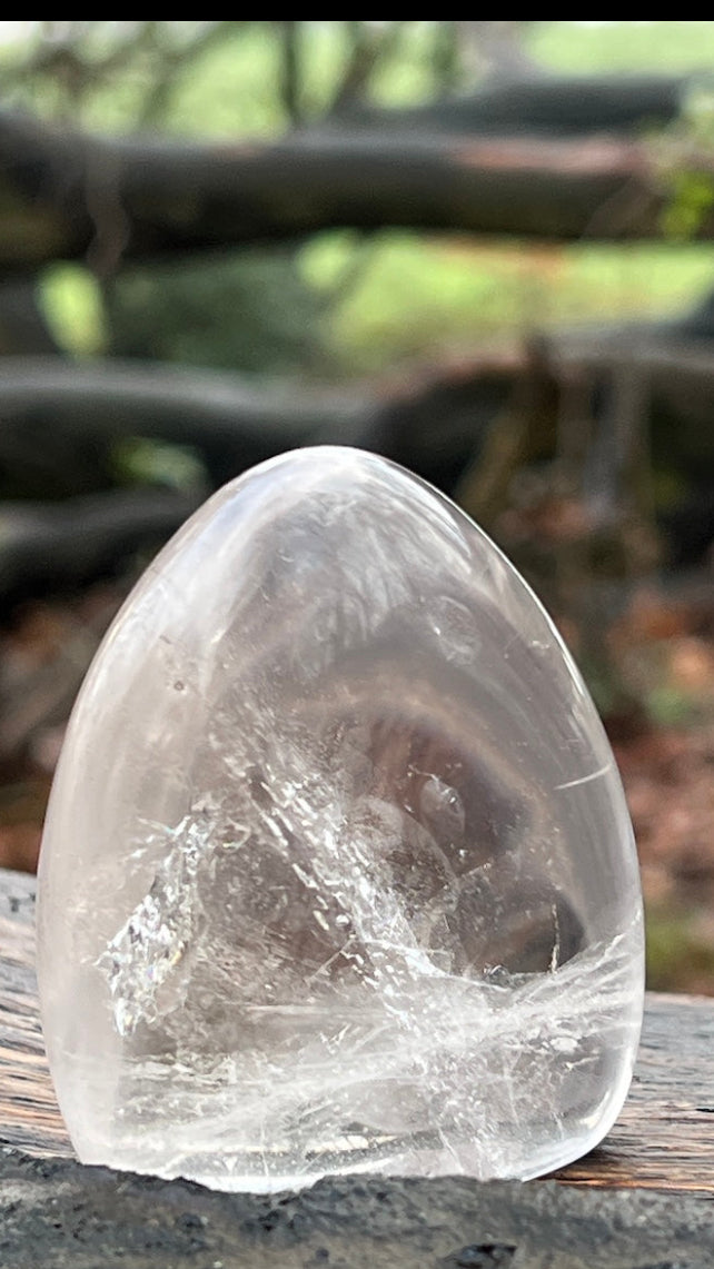 Clear polished crystal rock on a natural background with blurred trees and branches.