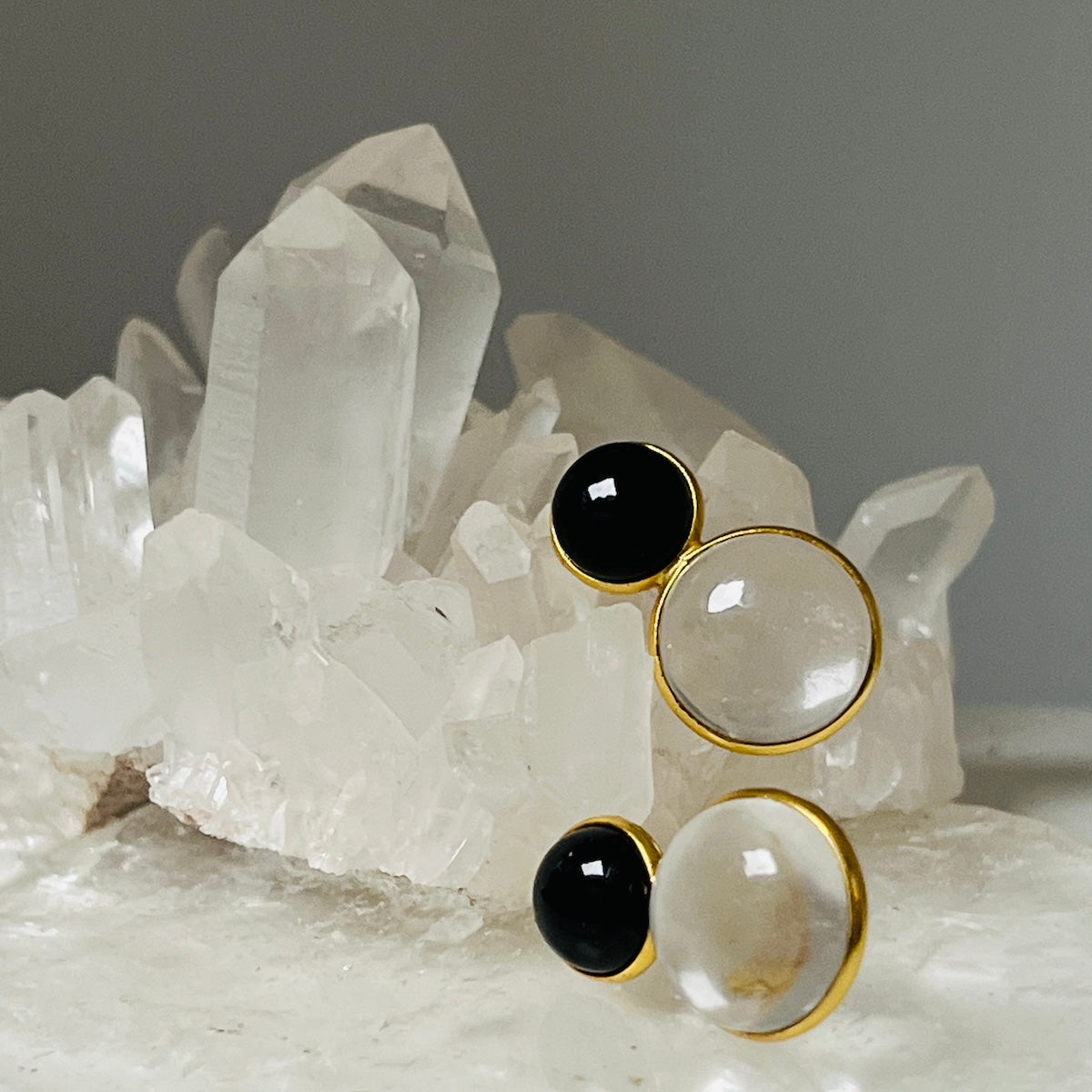 Double Cabochon Rock Quartz And Black Onyx Vermeil Earrings