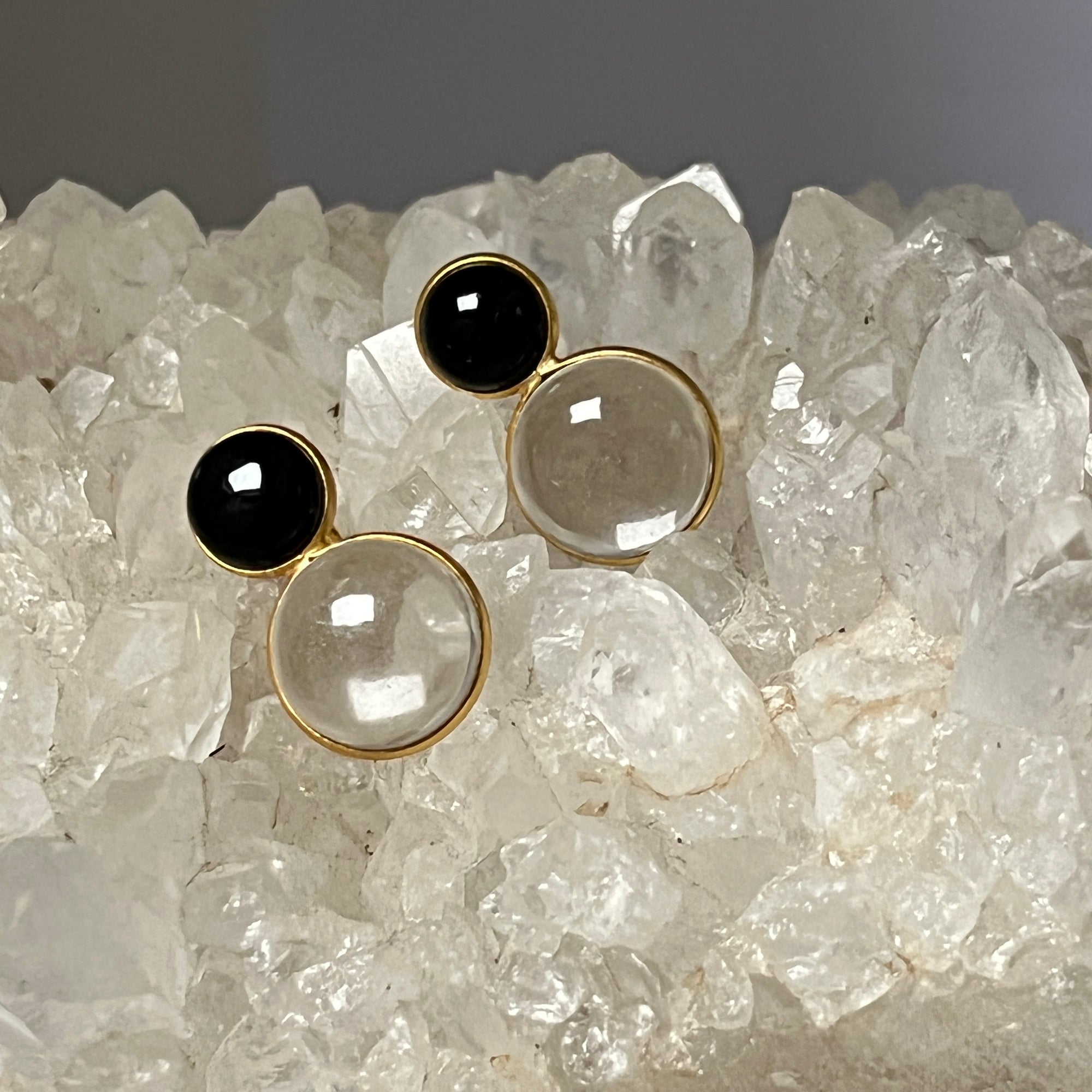 Double Cabochon Rock Quartz And Black Onyx Vermeil Earrings