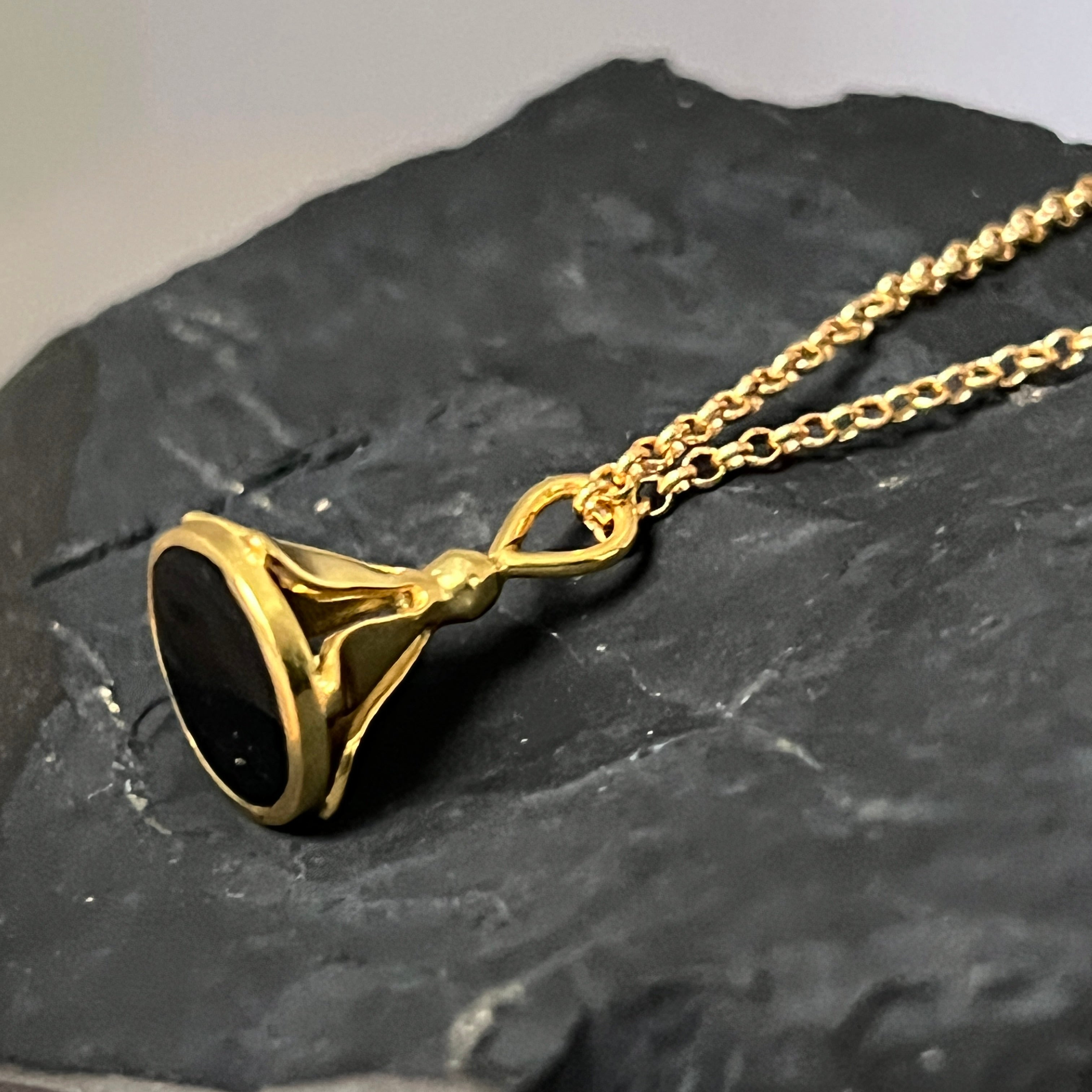 Art Deco Stamp With Black Onyx On Long Baby Belcher Chain