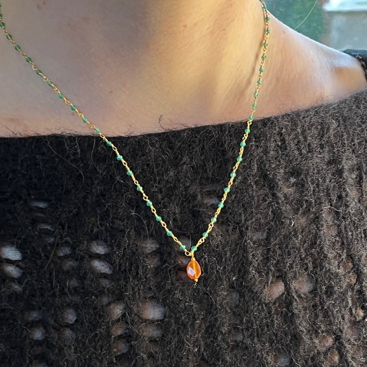 Green Onyx Rosary with Mandarin Carnelian Facetted