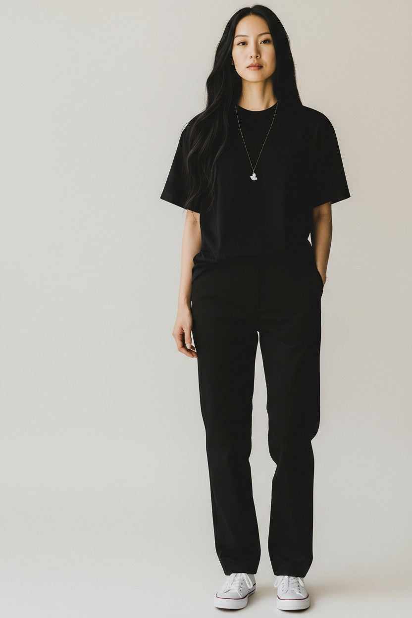 Person wearing a black t-shirt and black trousers with a white agate dove necklace on a plain background